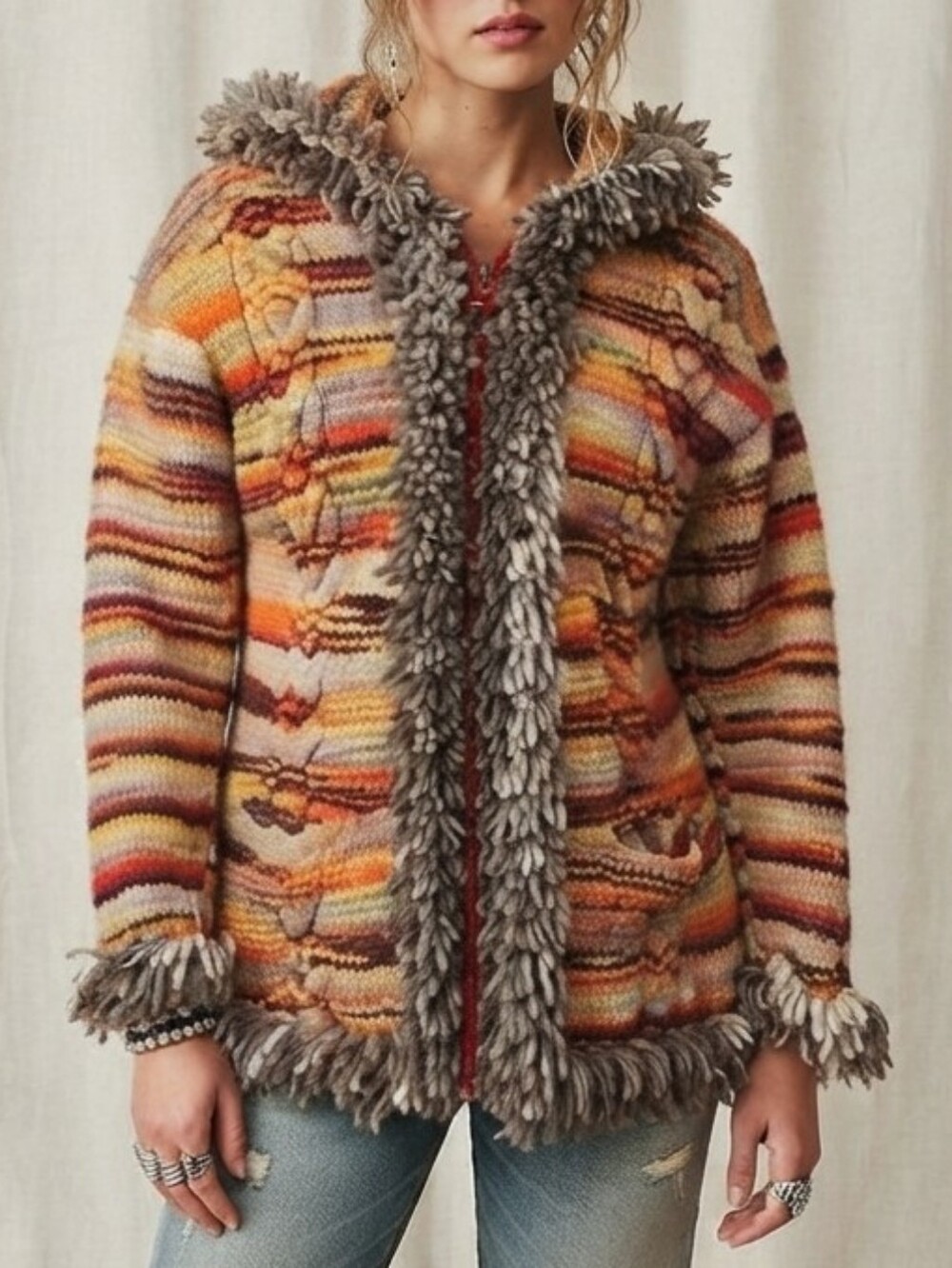 Handknit Wool Hooded Full Zip Cardigan Jacket Fringe Trim Penny Lane Size M Art
